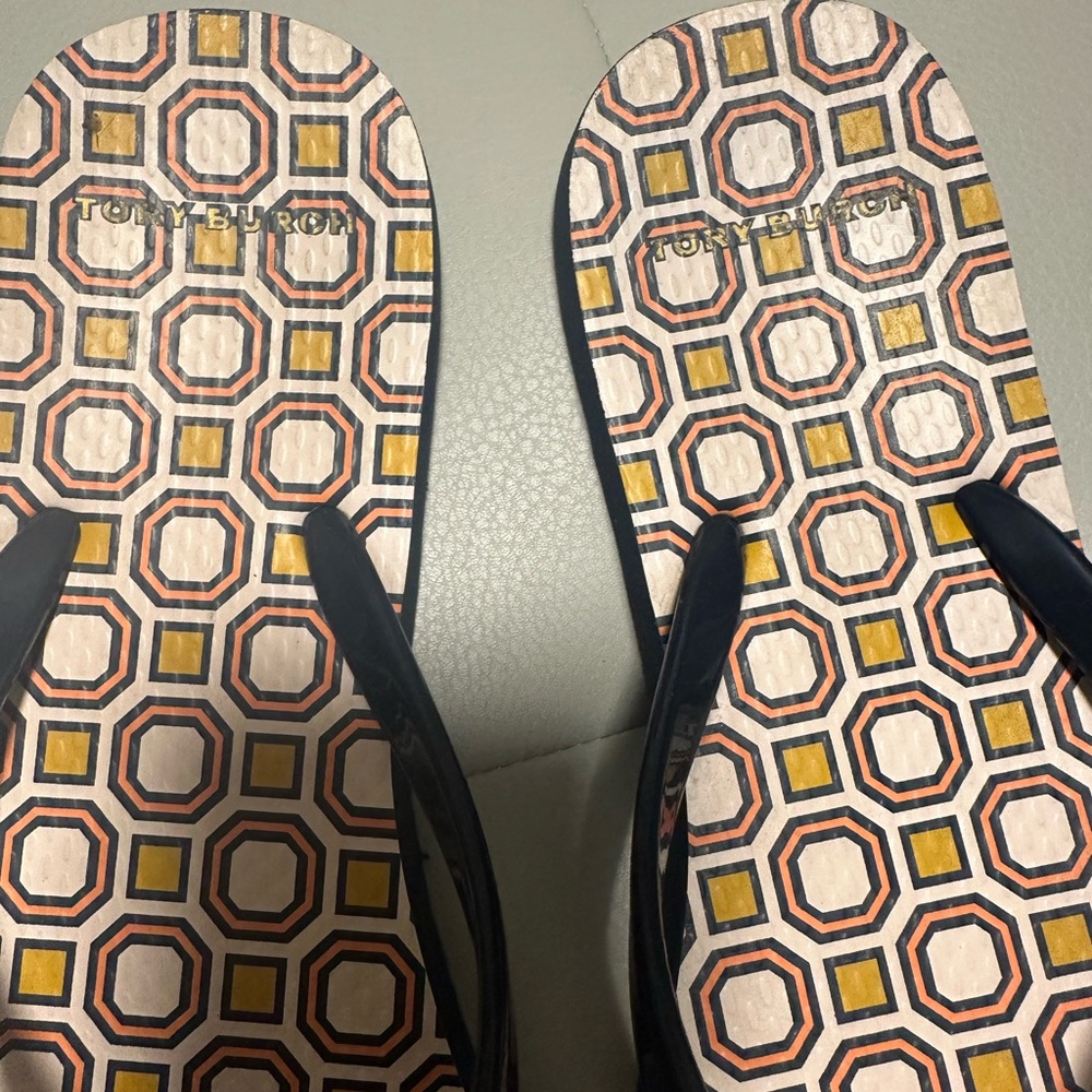 Geometric Pattern Flip Flops With Navy Straps - image 3